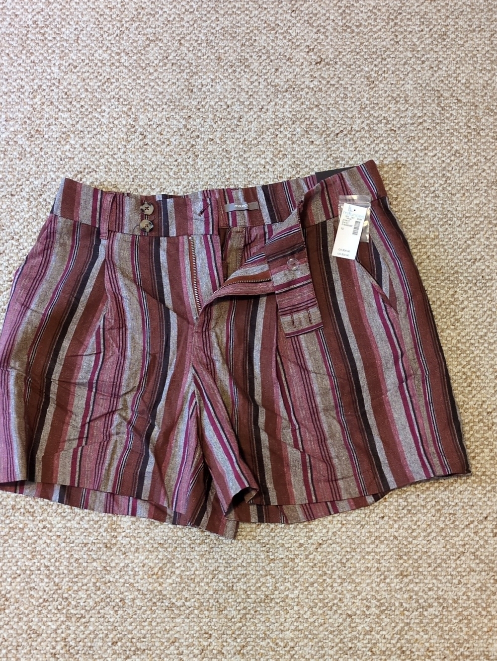 Maurice's Size 10 Nwt Striped High-Waist Linen Blend Women’s Shorts - Burgundy